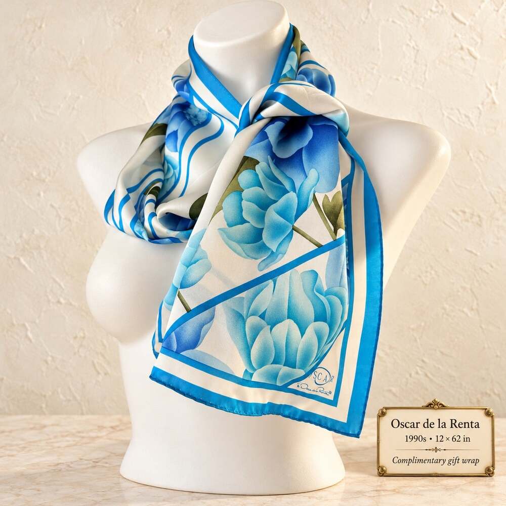 Vintage Oscar de la Renta 1990s Blue Poppy Floral Scarf Turquoise Border 12x62
